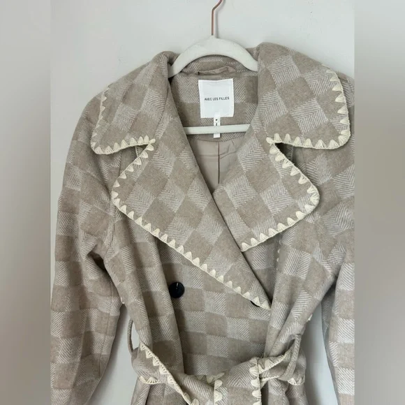 Avec les Filles Wool Blend Beige Checkered Coat - Picture 2 of 6